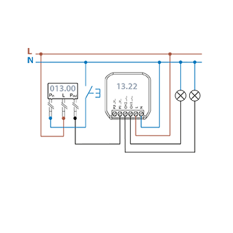 Connection diagram Type 13.22 with neutral/phase pushbutton converter for retrofitting - Sequence switch