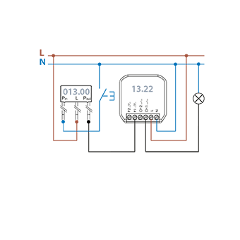 Connection diagram Type 13.22 with neutral/phase pushbutton converter for retrofitting - Single channel