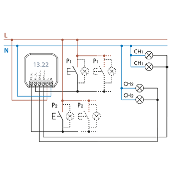 Connection diagram Type 13.22 - Bluetooth multifunction relay 2 contacts 6 A, flush mounting