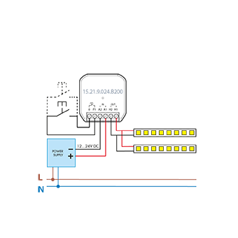 Connection diagram Type 15.21.9 PWM Bluetooth dimmer for LED strips 12...24 V DC